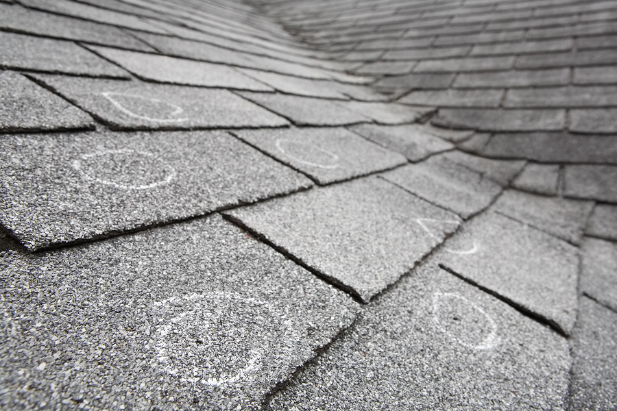A roofer in San Antonio points out hail damage to the roofing shingles.