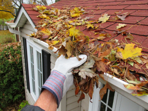 Homeowner cleaning roof gutters for maintenance