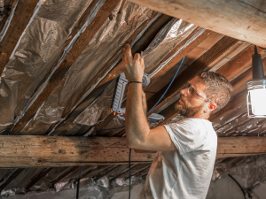 Homeowner installing roof insulation for weather protection
