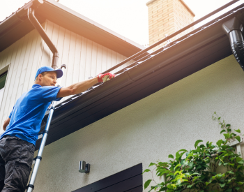 Rooftop Roofing and Remodeling team cleaning gutters and removing debris.