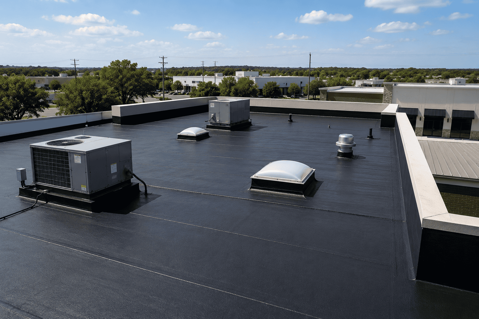 Flat low-slope commercial roof with HVAC units for roofing services in San Antonio