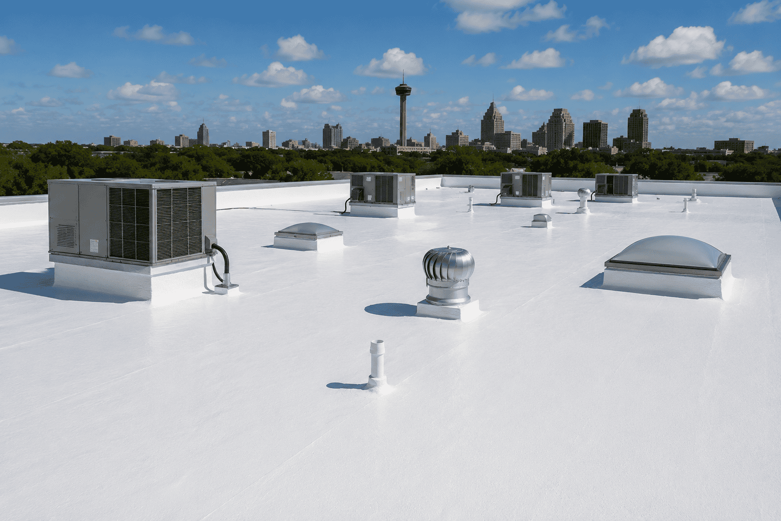 White roof coating on a commercial flat roof for roof coating services in San Antonio