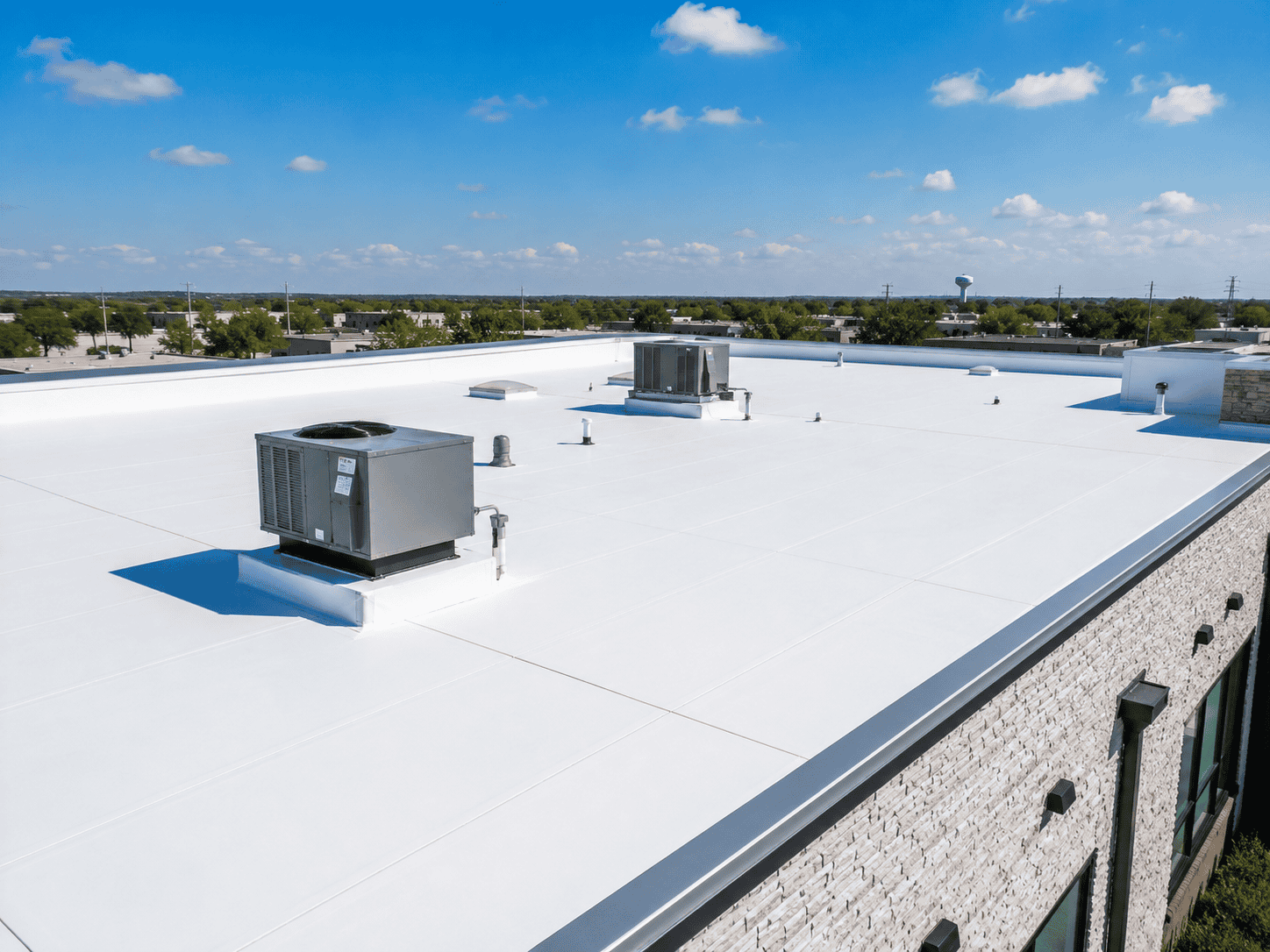 White TPO membrane roof on a commercial building for low-slope roofing in San Antonio