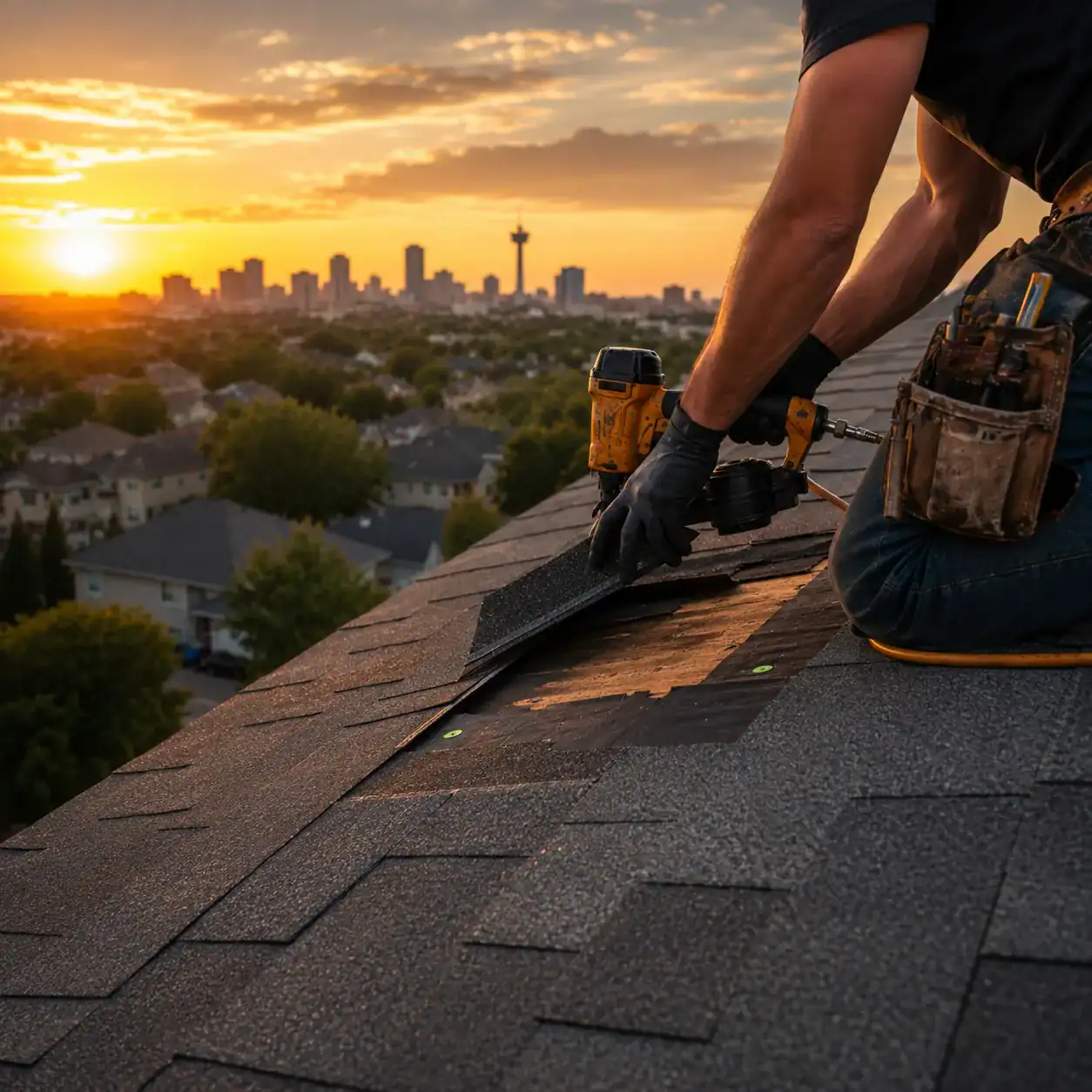 Roofer repairing architectural shingles on a San Antonio roof with the city skyline in the background