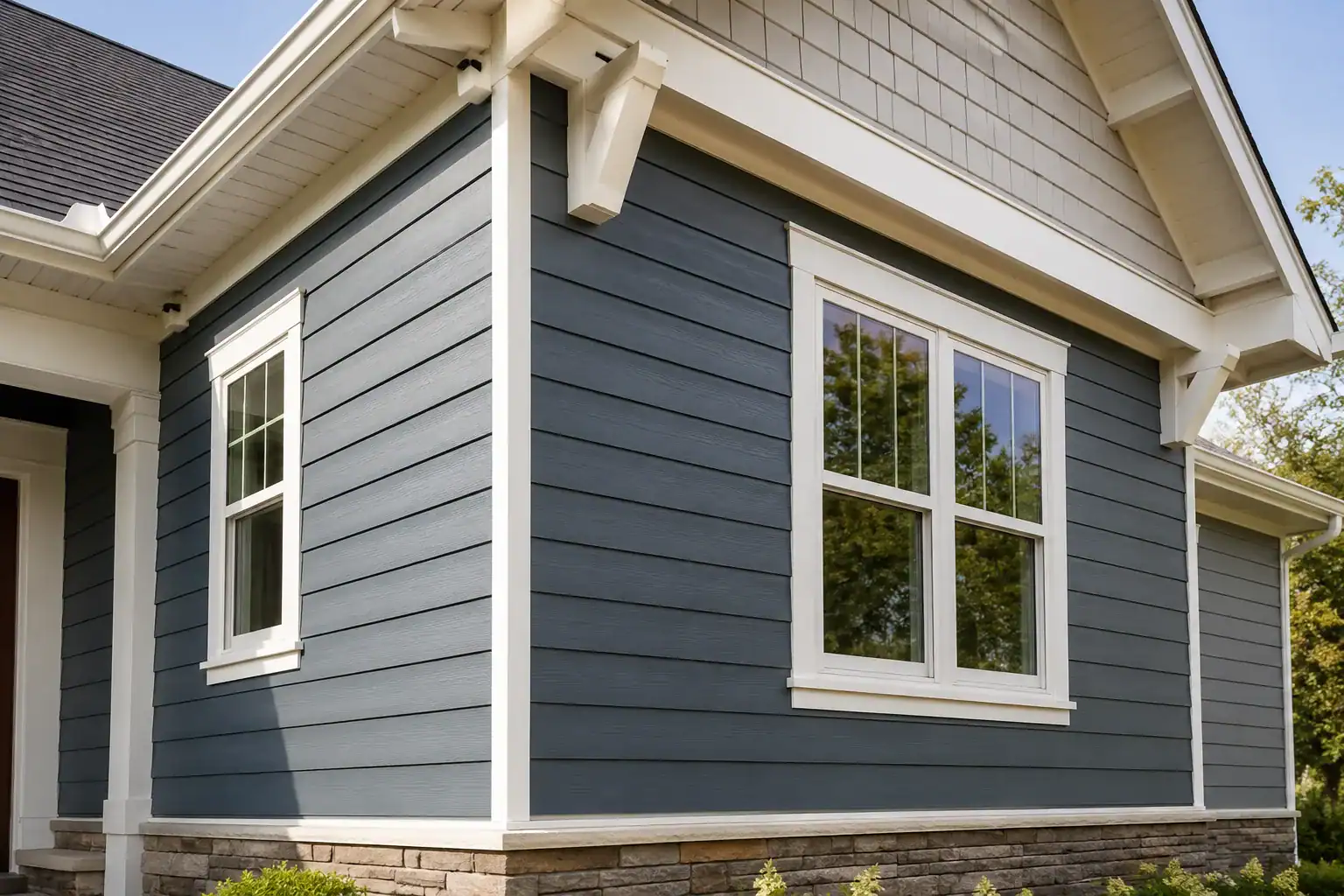 Blue-gray siding installation with white trim on a clean home exterior