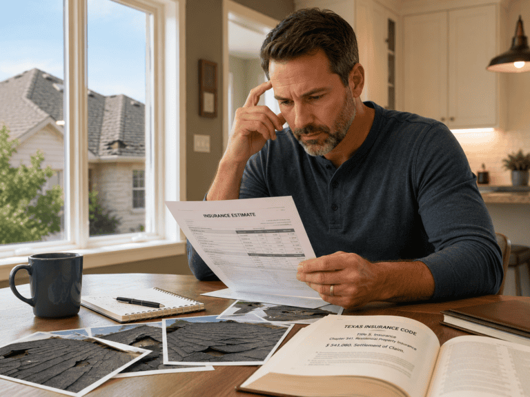 Texas homeowner reviewing a roof insurance estimate, damage photos, and claim options