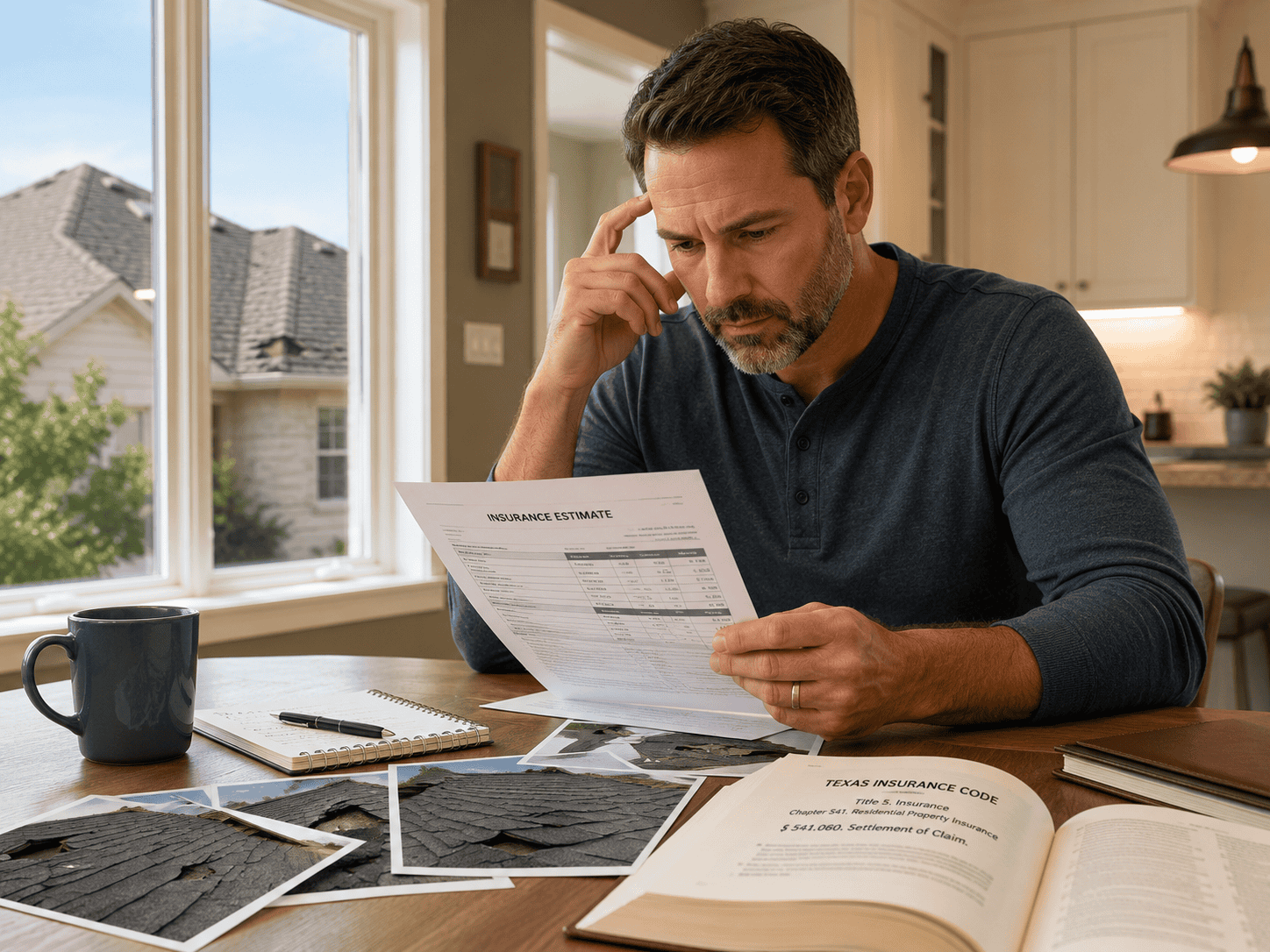 Texas homeowner reviewing a roof insurance estimate, damage photos, and claim options