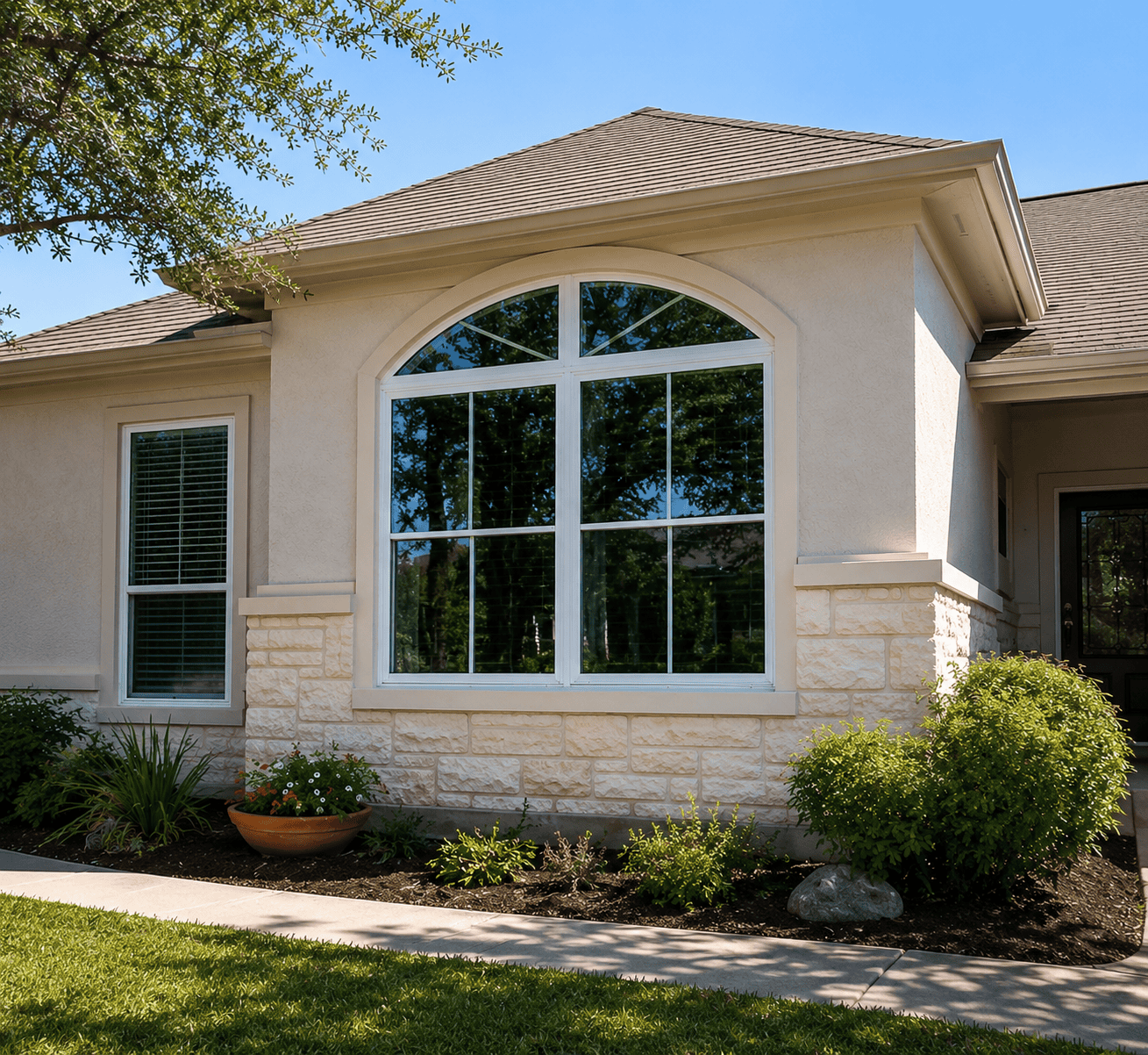 Large replacement window on a San Antonio home exterior with white trim, stone accents, and landscaping